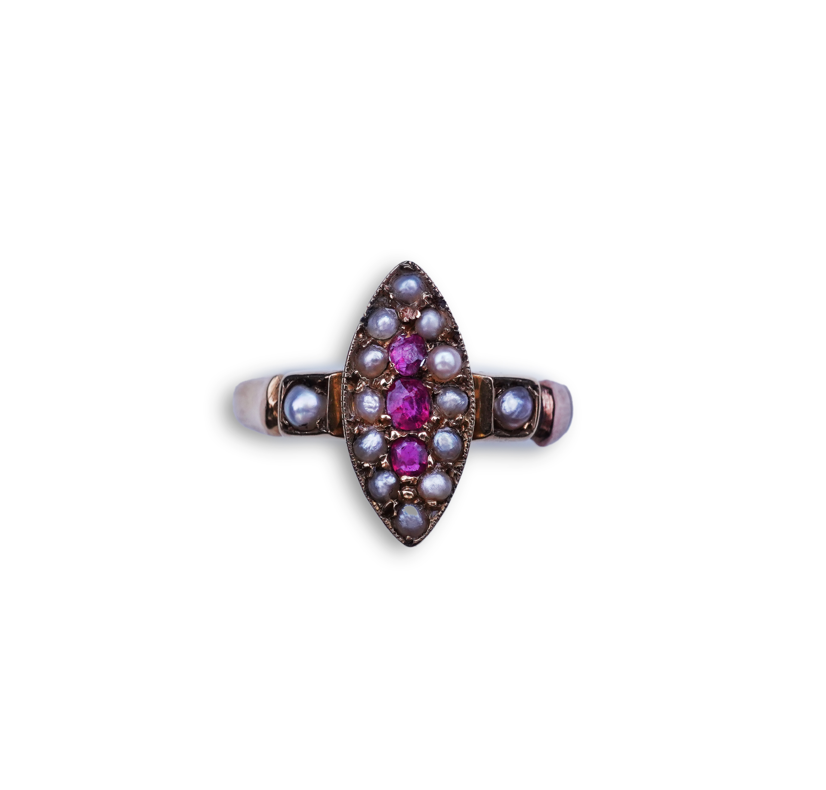 A Victorian ruby and seed pearl ring, circa 1876